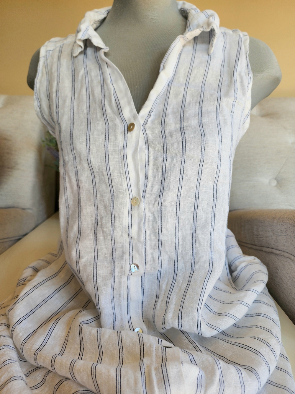 Rosemarine Linen Striped Button‑Front Midi Dress — Made in Italy, White/Blue, S